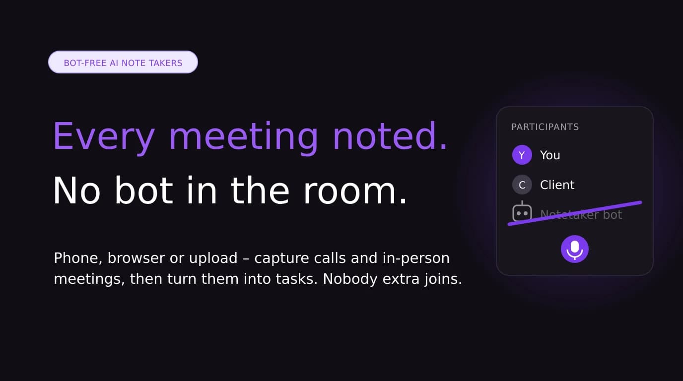 An AI note taker capturing a meeting from a phone and laptop, with no bot in the participant list