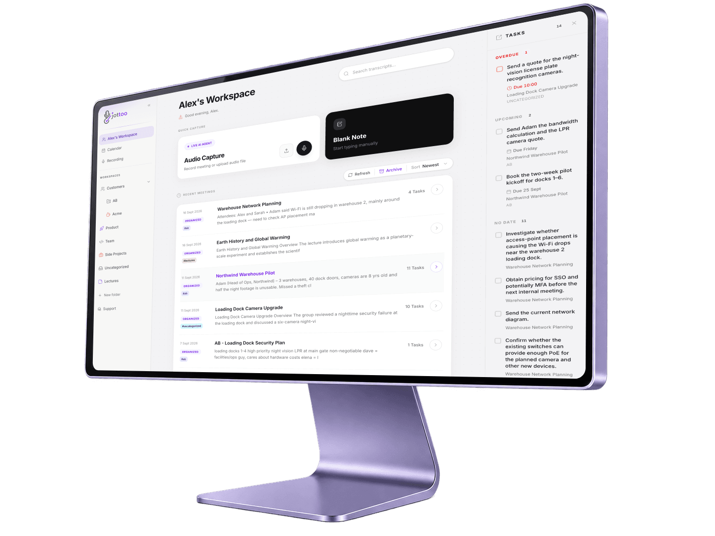 Jottoo workspace on a desktop monitor: quick capture, recent meetings and the task list