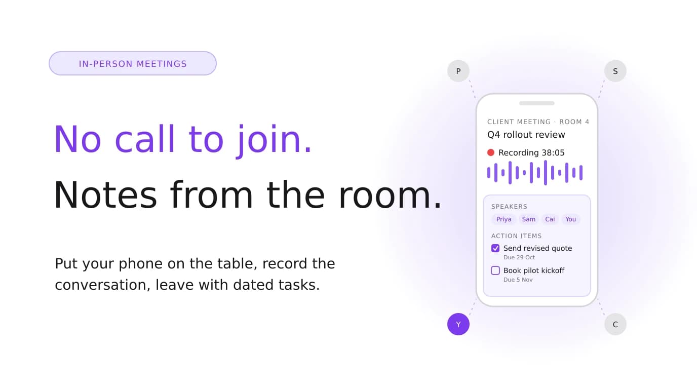 A phone on a meeting room table recording an in-person conversation, with the AI summary on screen