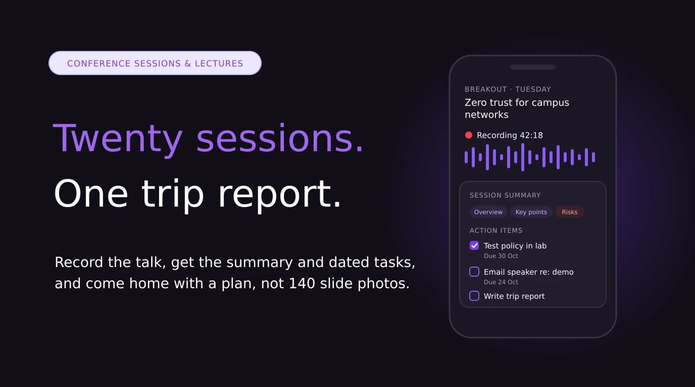 A phone recording a conference breakout session, with the session summary and follow-up tasks on screen