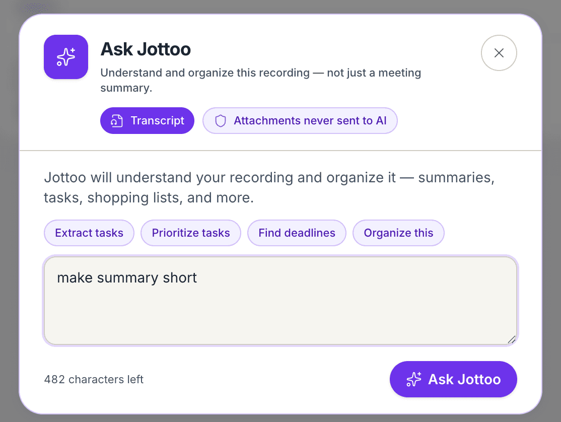 Ask Jottoo dialog with quick prompts and a Focus text box reading 'make summary short'