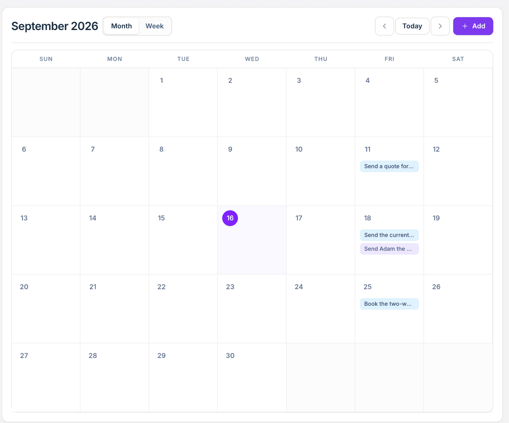 Calendar view showing tasks by date