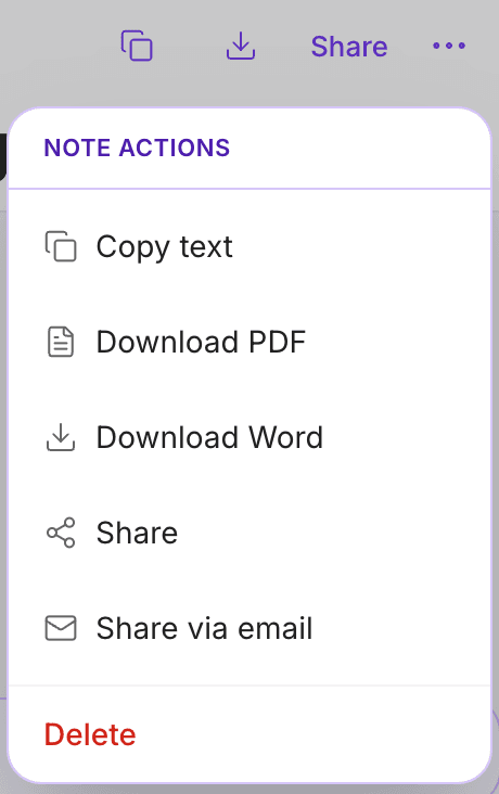 Note actions menu with Download PDF, Download Word and Share
