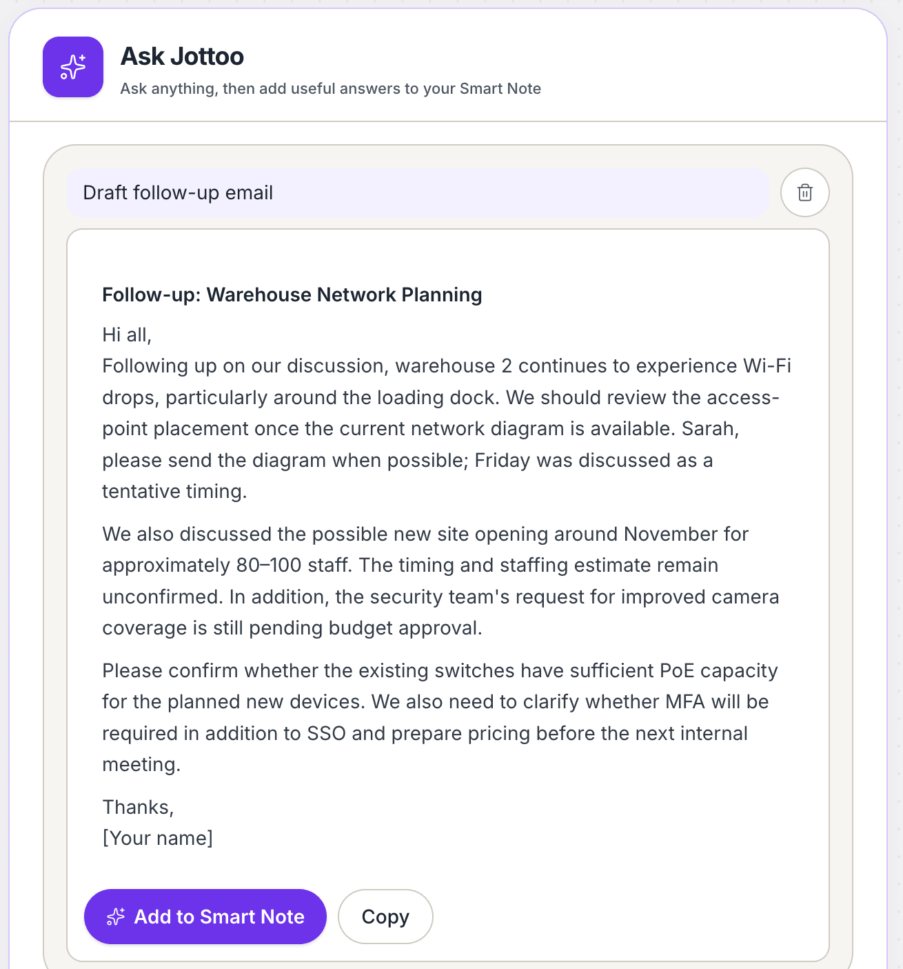 Jottoo chat output drafting a summary email