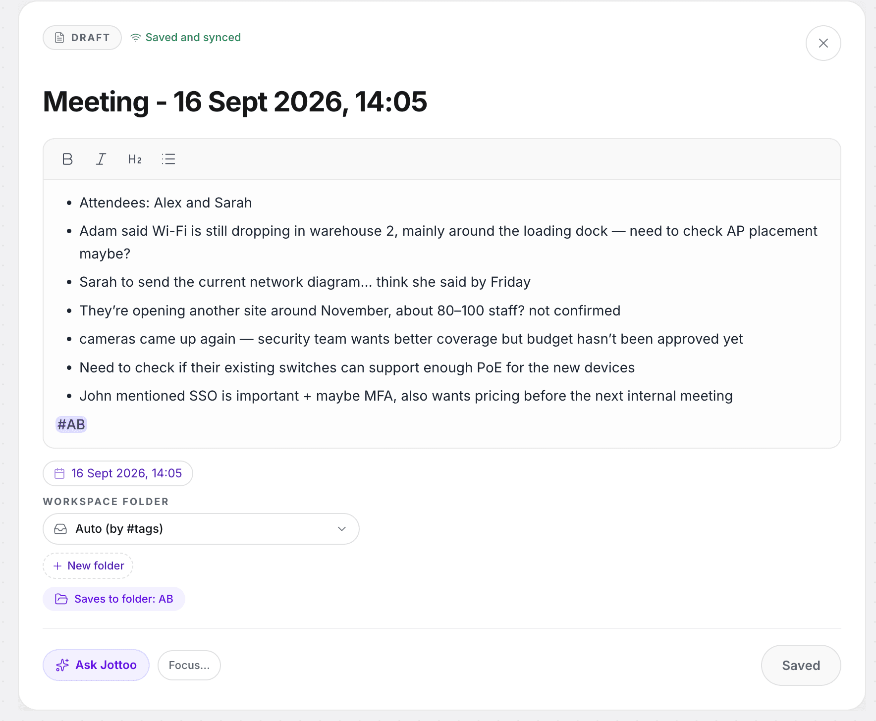 A typed meeting note with a #AB tag, workspace folder selector and the Ask Jottoo button