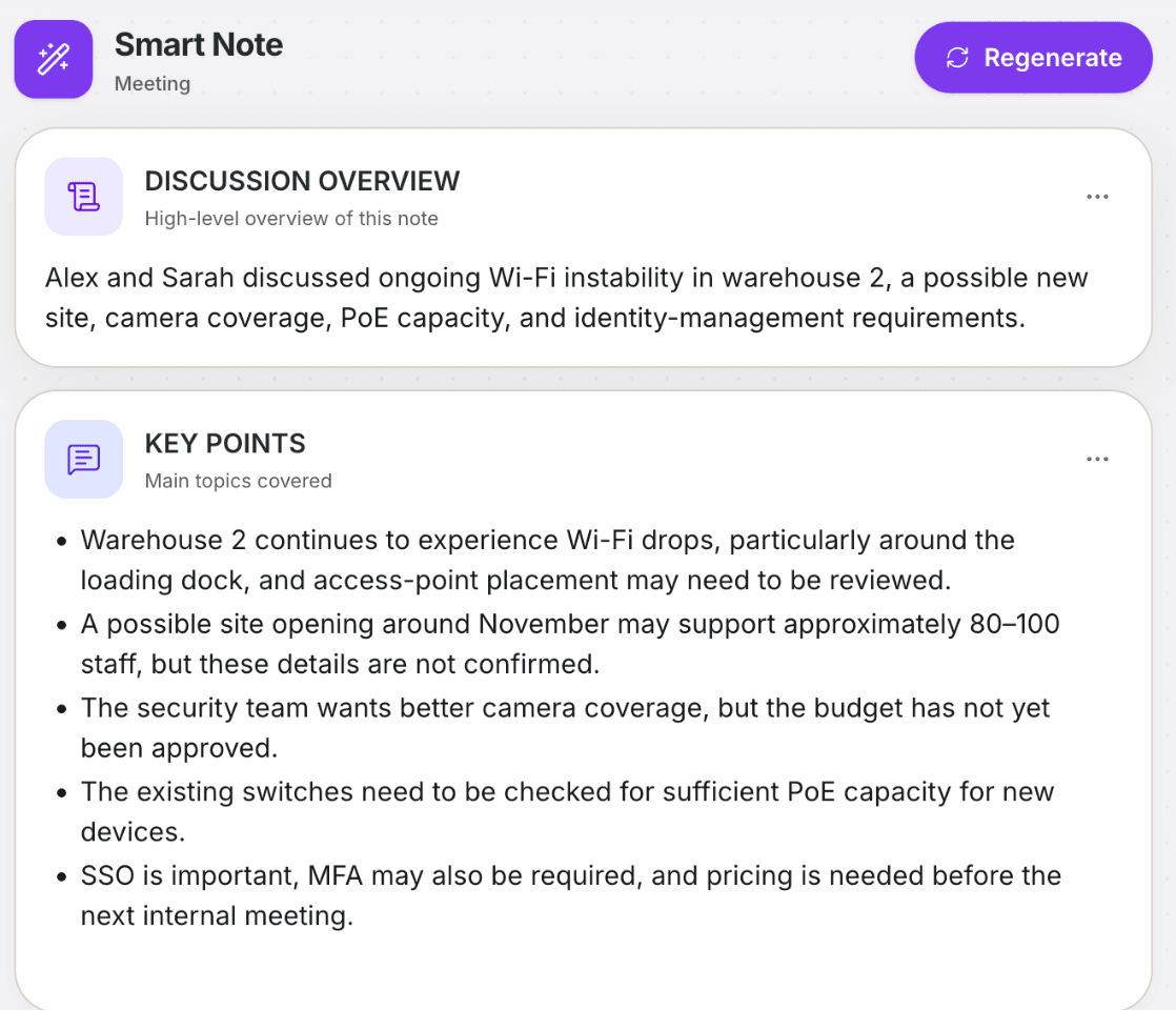 Smart meeting note output with overview, risks and actions