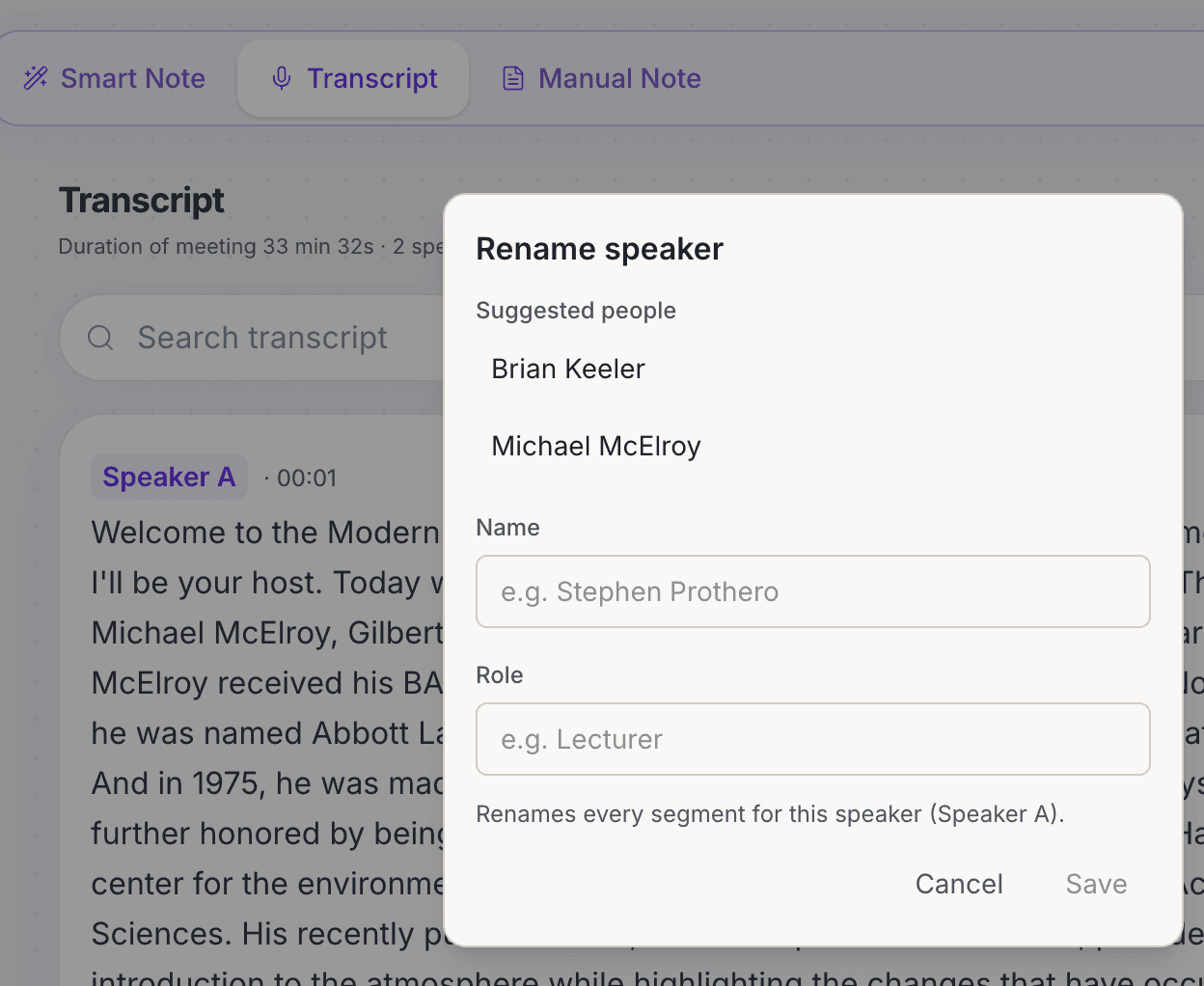 Speaker selection for an audio transcript